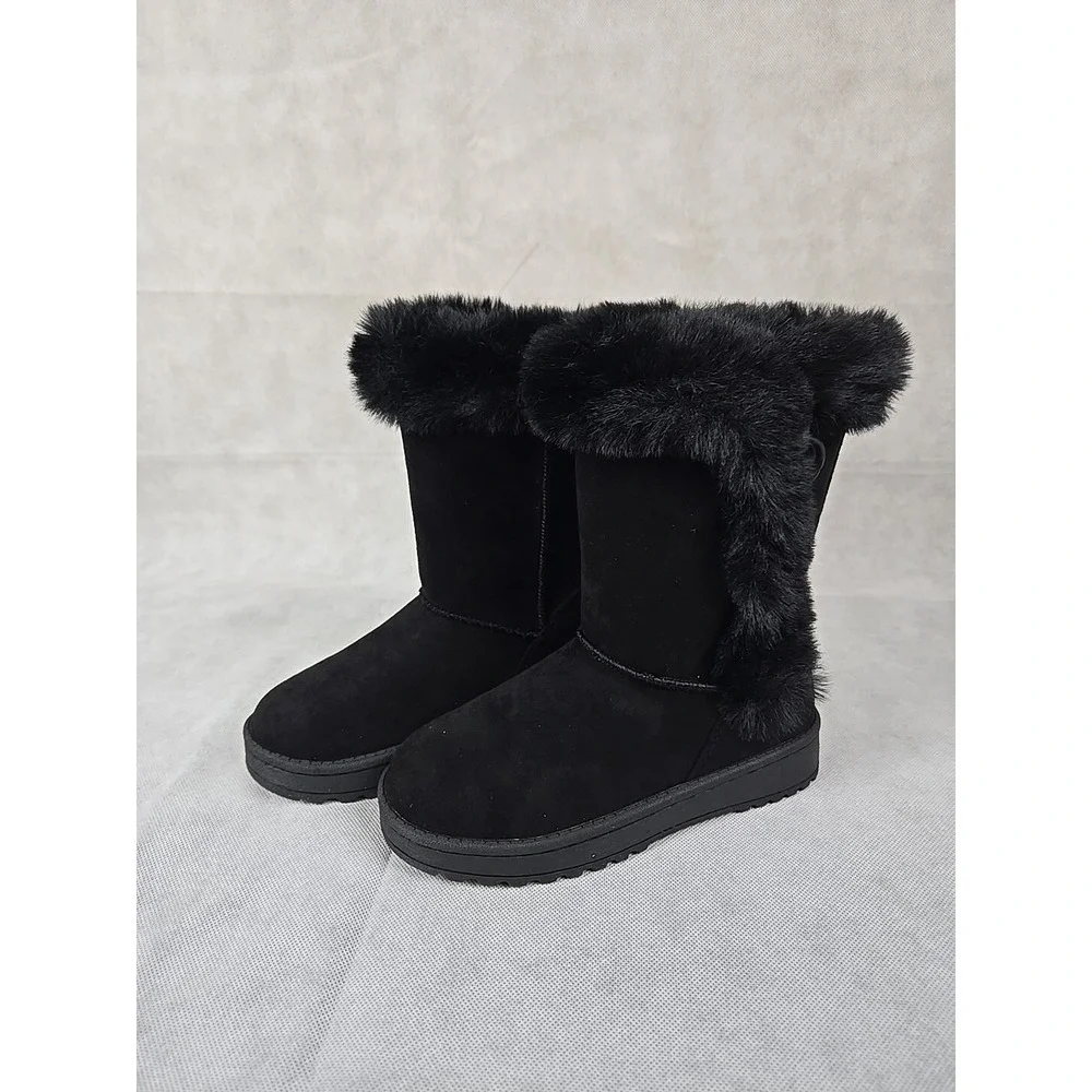 NEW SO Sophia Girls Size 13 Winter Boots Black Faux Fur Lining Easy‎ On